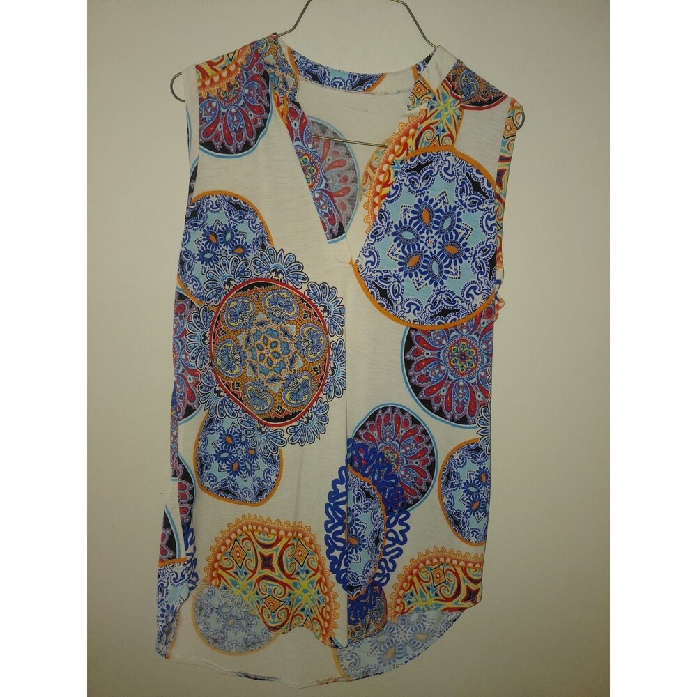 New Women's Junior's Medallion Print Off White Sleeveless Tunic Tank Top L